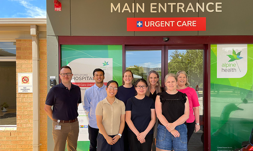 Graduate nurses standing with staff at the front of Myrtleford Hospital Graduate nurses standing with staff at the front of Myrtleford Hospital